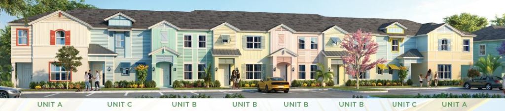 Margaritaville Villas. Townhomes at Margaritaville Resort Sunset Walk. This shows the styles of each unit. There is Unit A, Unit B, Unit C. Exteriors. Rich Noto Realtor