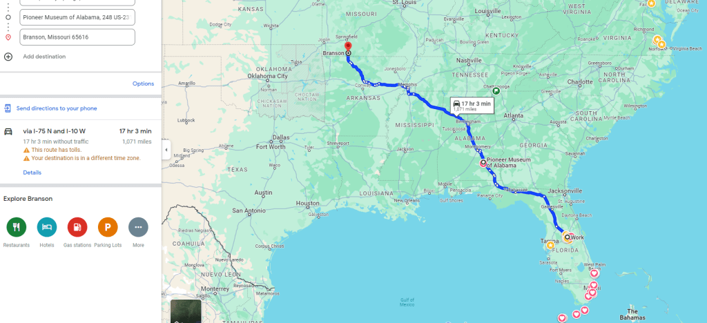 Directions to Branson Missouri. Avoiding Atlanta Georgia