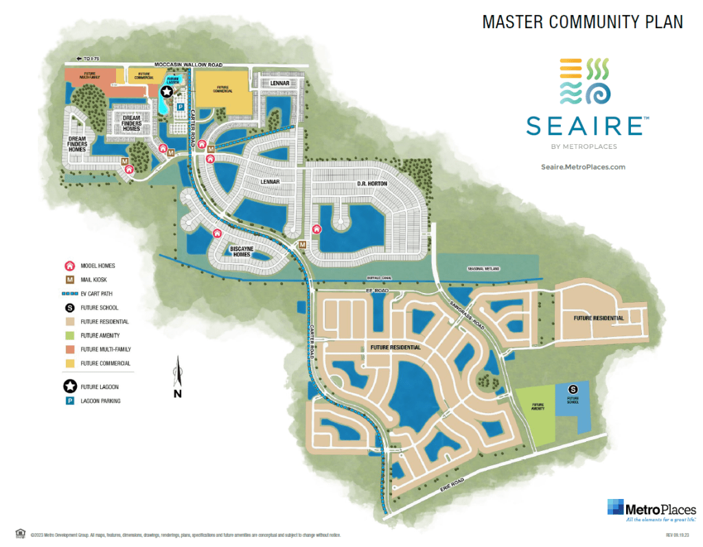 Seaire Lagoon community map. Builders include Dream Finders Homes, DR Horton, Lennar, DRB Homes