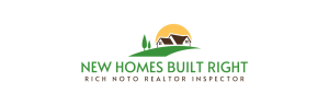 Logo features two houses on a green hill with trees and a sun in the background. Text below reads NEW HOMES BUILT RIGHT and Rich Noto Realtor, emphasizing expert guidance from your trusted real estate professional.