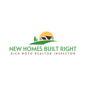 Logo features a house, two trees, and a yellow sun on green grass above the text “New Homes Built Right” and “Rich Noto Realtor Inspector,” highlighting Rich Noto Realtor’s commitment to quality on a white background.