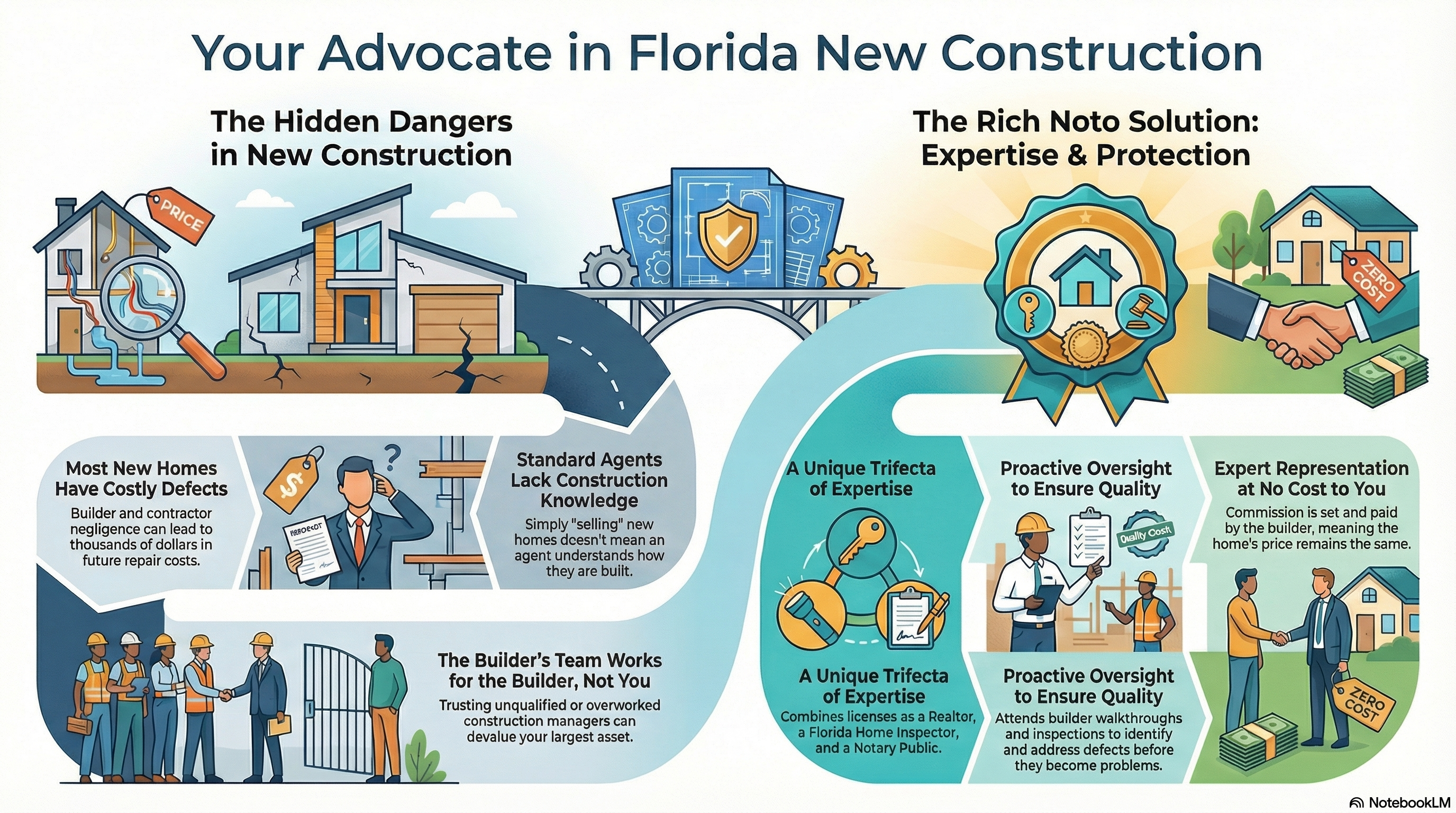 An infographic from Rich Noto Realtor. contrasts dangers of new home construction—like costly defects and lack of expertise—with benefits of hiring an expert advocate, such as proactive oversight, quality assurance, and expert representation in Florida.